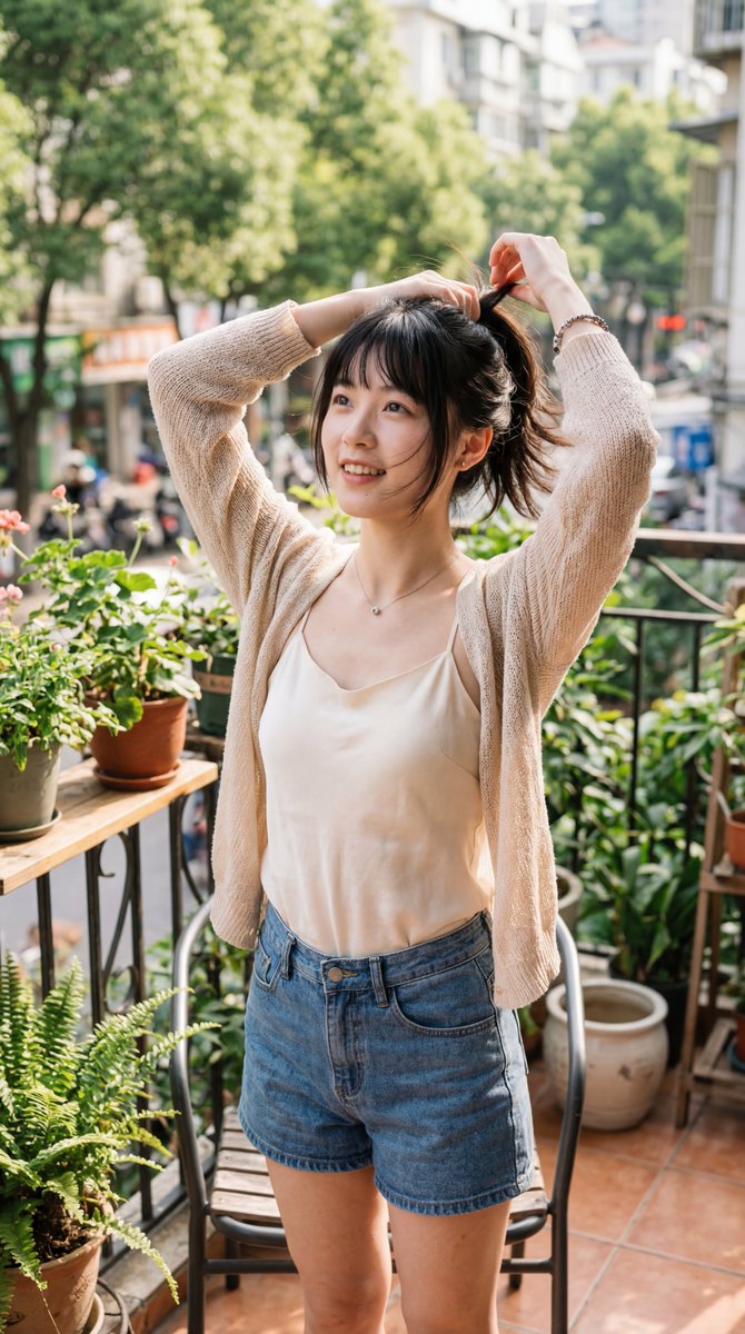 【Character】: 19岁的中国JK少女，空灵甜美的面容，公主切发丝飘动，白皙肌肤呈现半透明质感。 【Clothing】: 宽松编织的浅米色针织开衫，内搭极简真丝吊带内衬。 【Actio...