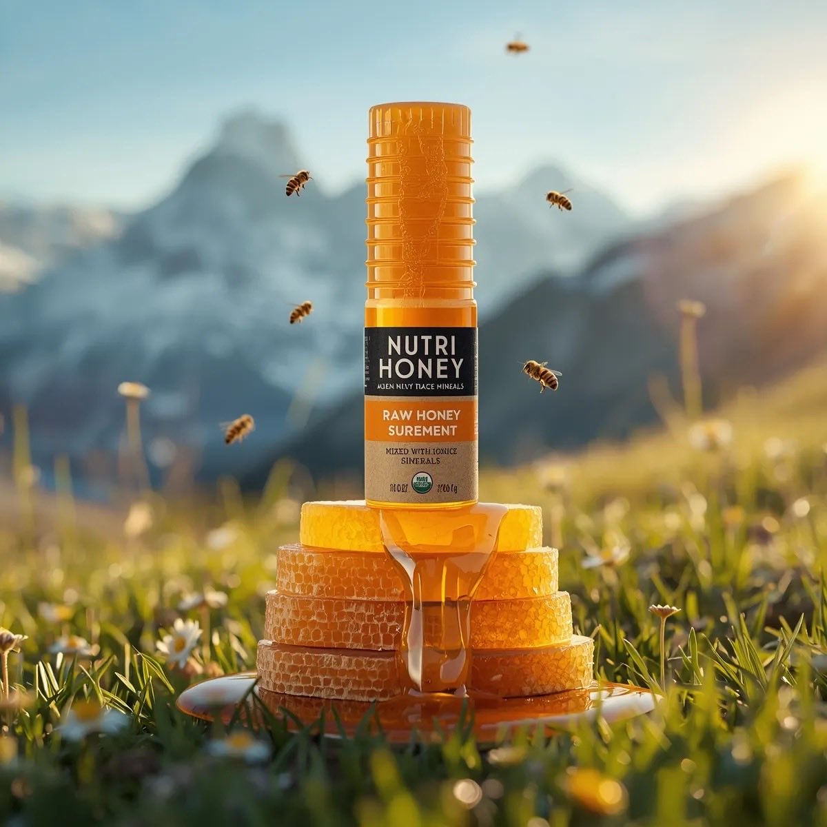 超现实主义的产品摄影：一个金色的蜂蜜瓶，标签上写着“Nutri Honey”，放置在堆叠的蜂巢片上，位于郁郁葱葱的绿色草地上，周围环绕着新鲜的野花和青草，蜜蜂在瓶子周围飞舞，蜂蜜沿着瓶身顺滑地...