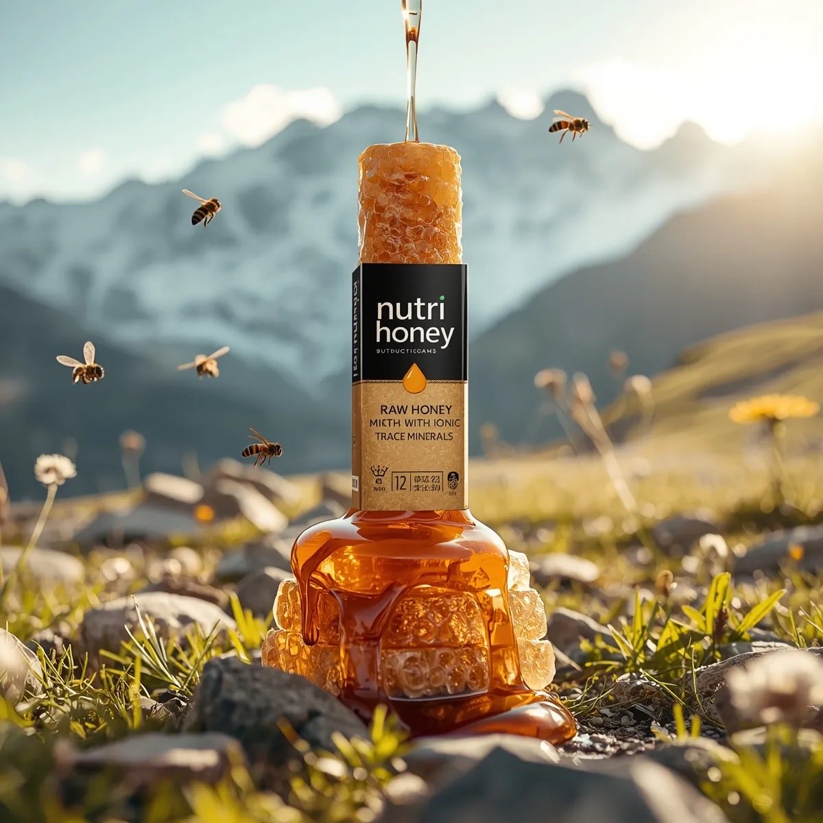 超现实主义的产品摄影：一个金色的蜂蜜瓶，标签上写着“Nutri Honey”，放置在堆叠的蜂巢片上，位于郁郁葱葱的绿色草地上，周围环绕着新鲜的野花和青草，蜜蜂在瓶子周围飞舞，蜂蜜沿着瓶身顺滑地...