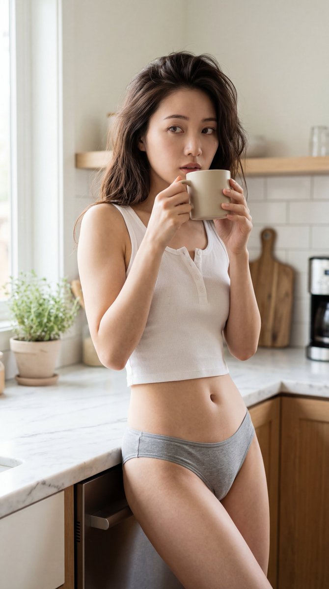 【人物】：一位23岁的东方女性，容貌美丽，神情沉静而略带恍惚，以亲密的表情望向镜头，深棕色蓬松卷发随意垂落，白皙肌肤。 【服装】：白色罗纹短款背心（面料紧贴上身，勾勒出隐约的轮廓）。极简风格的...