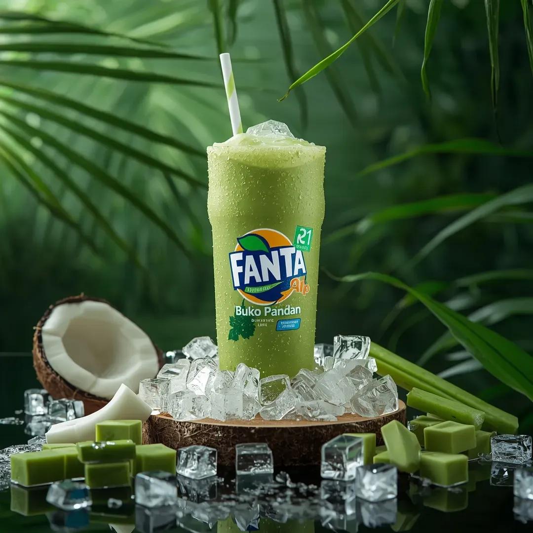 在热带海滩上一张风化的木质桌面上,直立放置一罐冰镇的 FANTA – Buko Pandan 柠檬风味的罐装饮品,呈现出超写实的静物生活方式产品摄影效果。罐身在温暖的金色时刻阳光下凝结着水珠,...