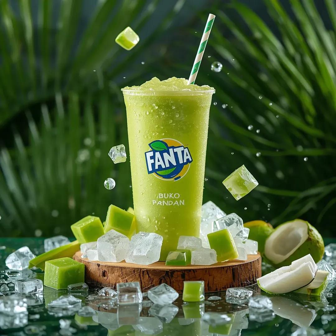 在热带海滩上一张风化的木质桌面上,直立放置一罐冰镇的 FANTA – Buko Pandan 柠檬风味的罐装饮品,呈现出超写实的静物生活方式产品摄影效果。罐身在温暖的金色时刻阳光下凝结着水珠,...