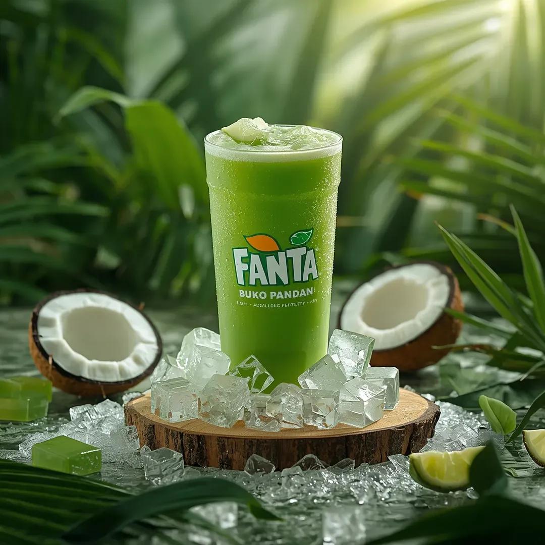 在热带海滩上一张风化的木质桌面上,直立放置一罐冰镇的 FANTA – Buko Pandan 柠檬风味的罐装饮品,呈现出超写实的静物生活方式产品摄影效果。罐身在温暖的金色时刻阳光下凝结着水珠,...