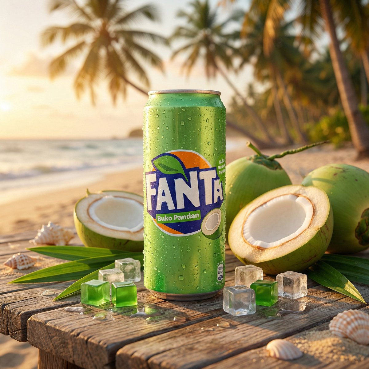 在热带海滩上一张风化的木质桌面上,直立放置一罐冰镇的 FANTA – Buko Pandan 柠檬风味的罐装饮品,呈现出超写实的静物生活方式产品摄影效果。罐身在温暖的金色时刻阳光下凝结着水珠,...