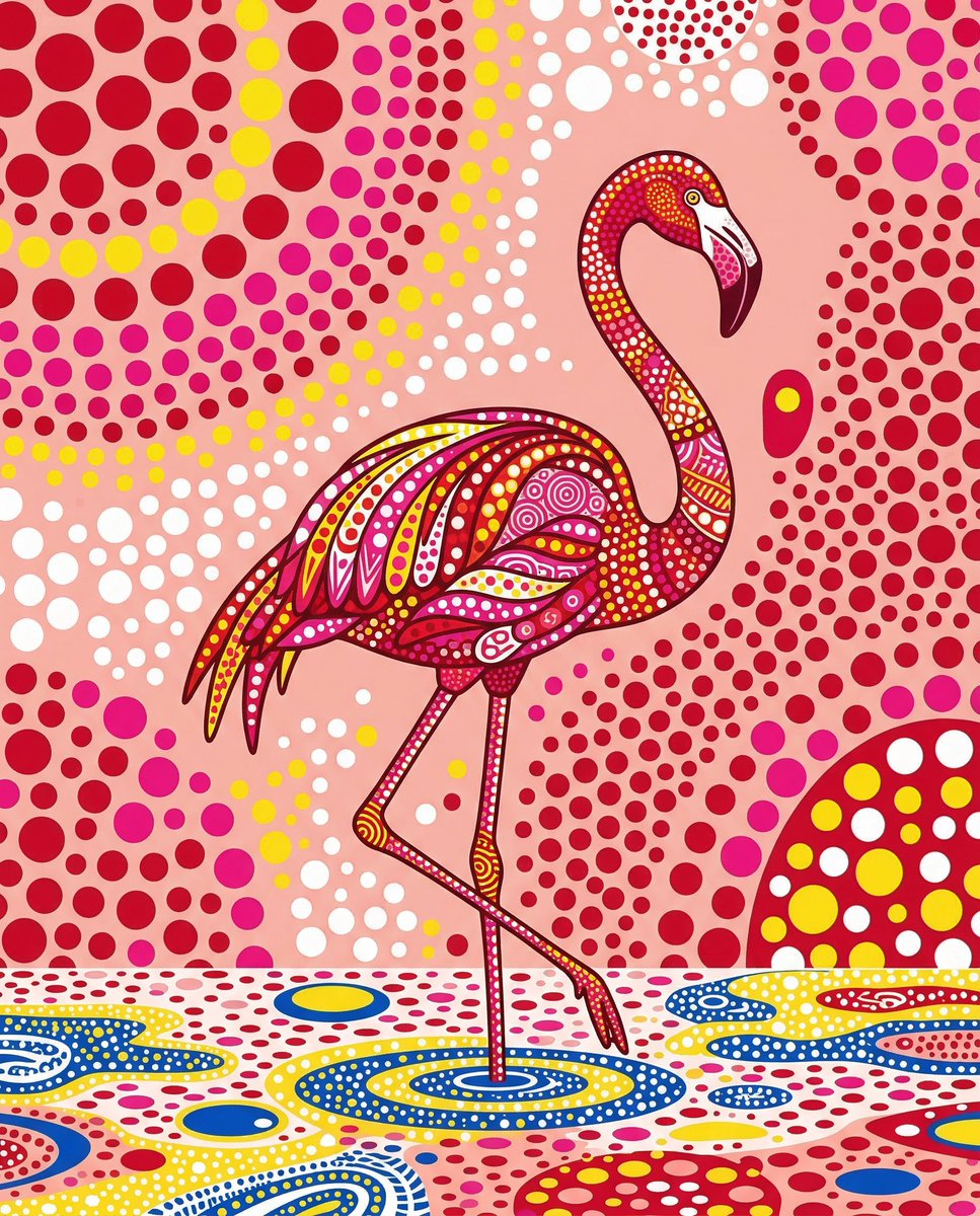 一只优雅的火烈鸟独自伫立在浅水中，以草间弥生（Yayoi Kusama）的独特风格呈现，覆盖着密集的波点和大胆的重复图案，运用红色、粉色、白色和黄色等鲜艳的高对比度色彩，极简抽象的背景配以大面...
