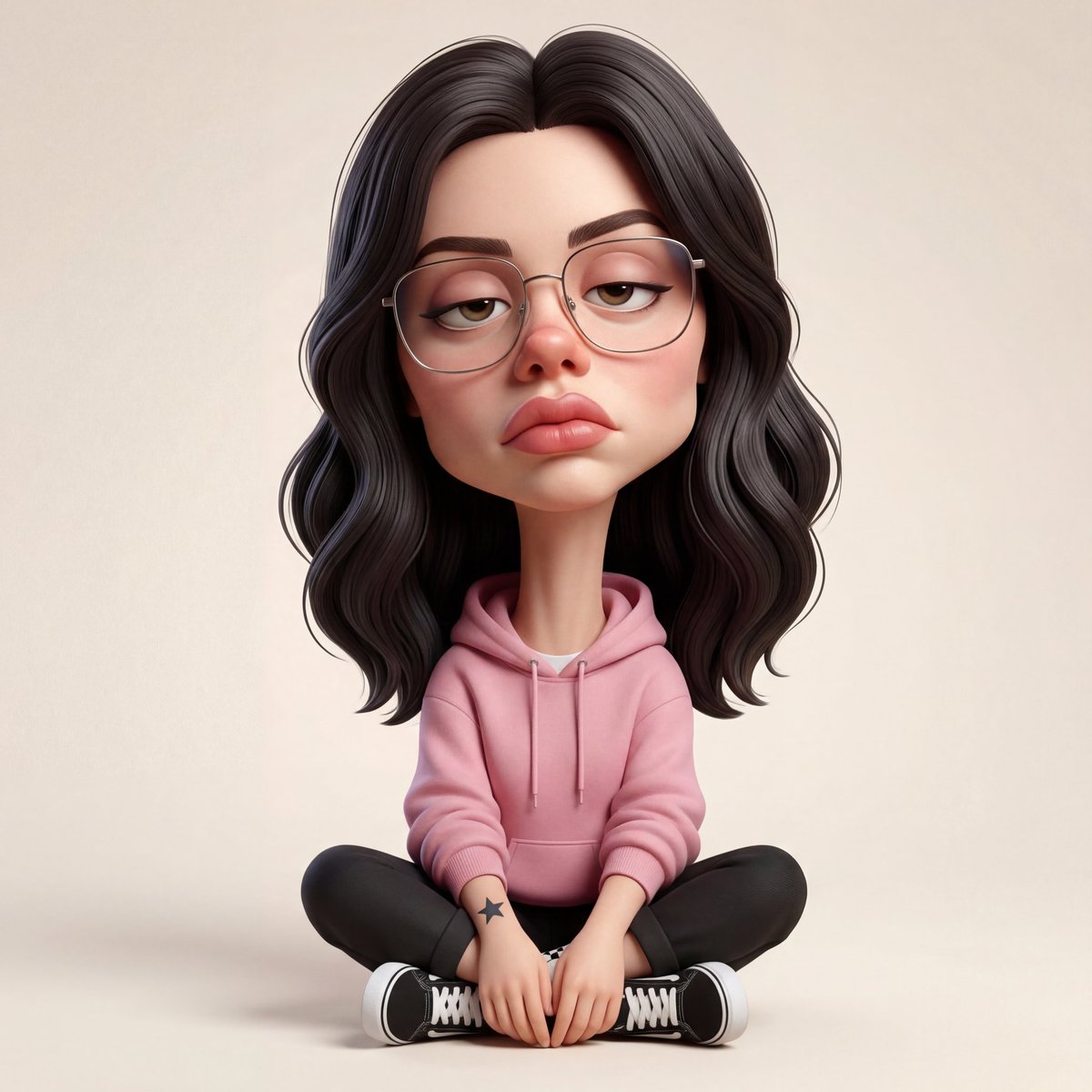 夸张风格化的 3D 漫画肖像…… 拉长的脖子，头颈比例失调， 下垂的眼皮，厚重的双唇，轻微的不对称…… 干净的表面质感，保留身份特征，大胆的造型…… 皮克斯风格邂逅高端 3D 建模…… （提示...