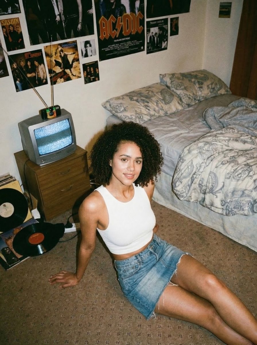 年轻女性,与 Nathalie Emmanuel 高度相似。, 中长、松散的柔和波浪卷,中分。, 中性表情,柔和哑光肌肤,唇部有光泽。, 放松的姿态,肌肤光滑。, 90 年代休闲复古风。, 白...