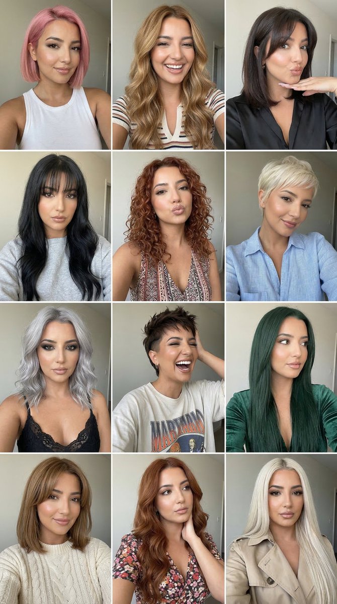 same adult woman in all twelve panels, fresh natural glam, realistic skin, soft lips, expressive...