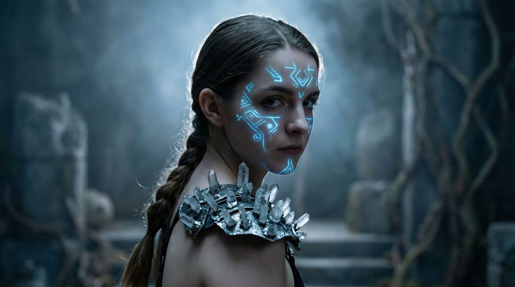 女性, The Ritualist, Young Adult, Intense gaze, neutral but piercing expression, Braided or textur...