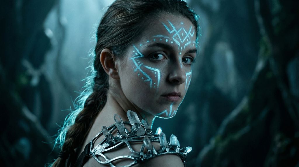 女性, The Ritualist, Young Adult, Intense gaze, neutral but piercing expression, Braided or textur...