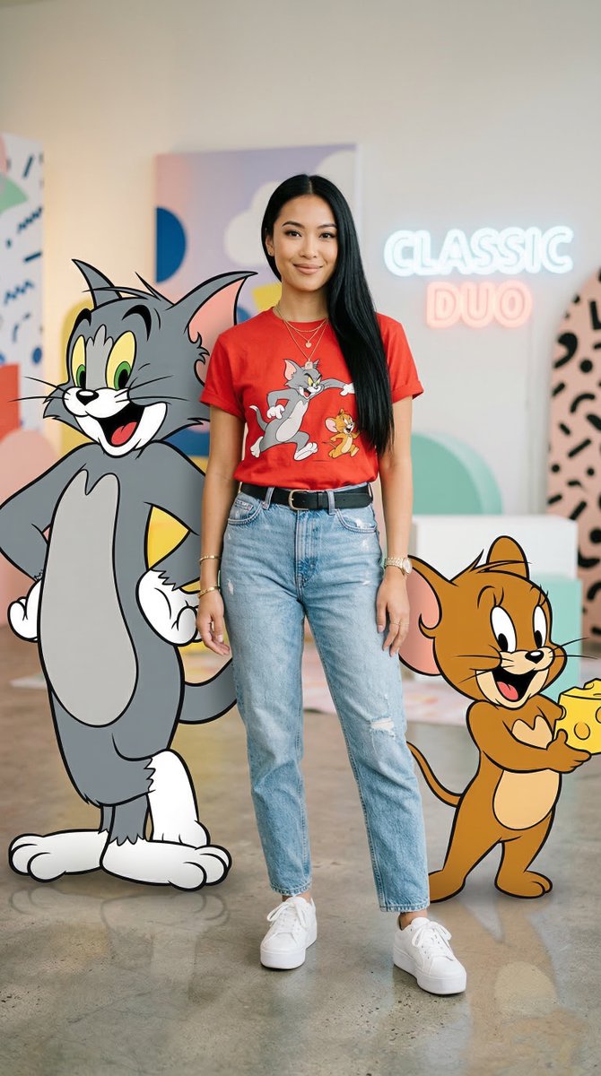 { "image_generation": { "subject": { "description": "时尚的年轻女性站在两个类似经典猫和老鼠搭档的卡通角色之间", "pose": "直立于...