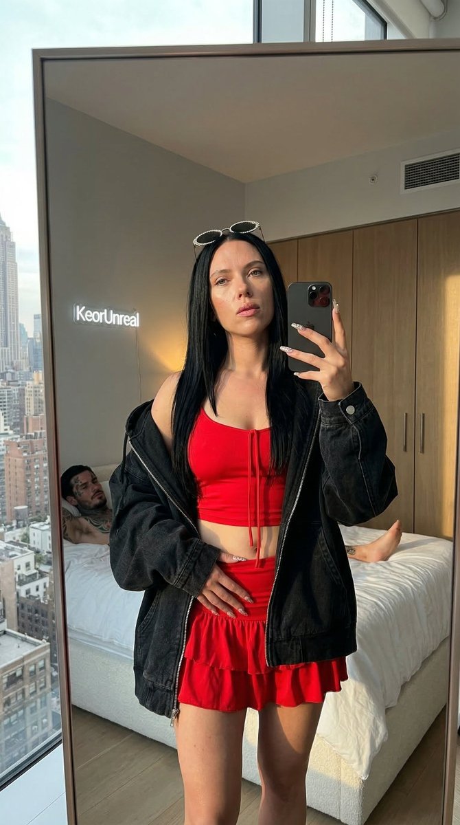 "超逼真的业余镜面自拍，照片中的 megan fox 使用 iPhone 15 Pro Max 拍摄，位置紧邻落地窗，原片风格，8K 画质，对焦锐利，具有真实的狗仔队氛围和可见的颗粒感。高对比...