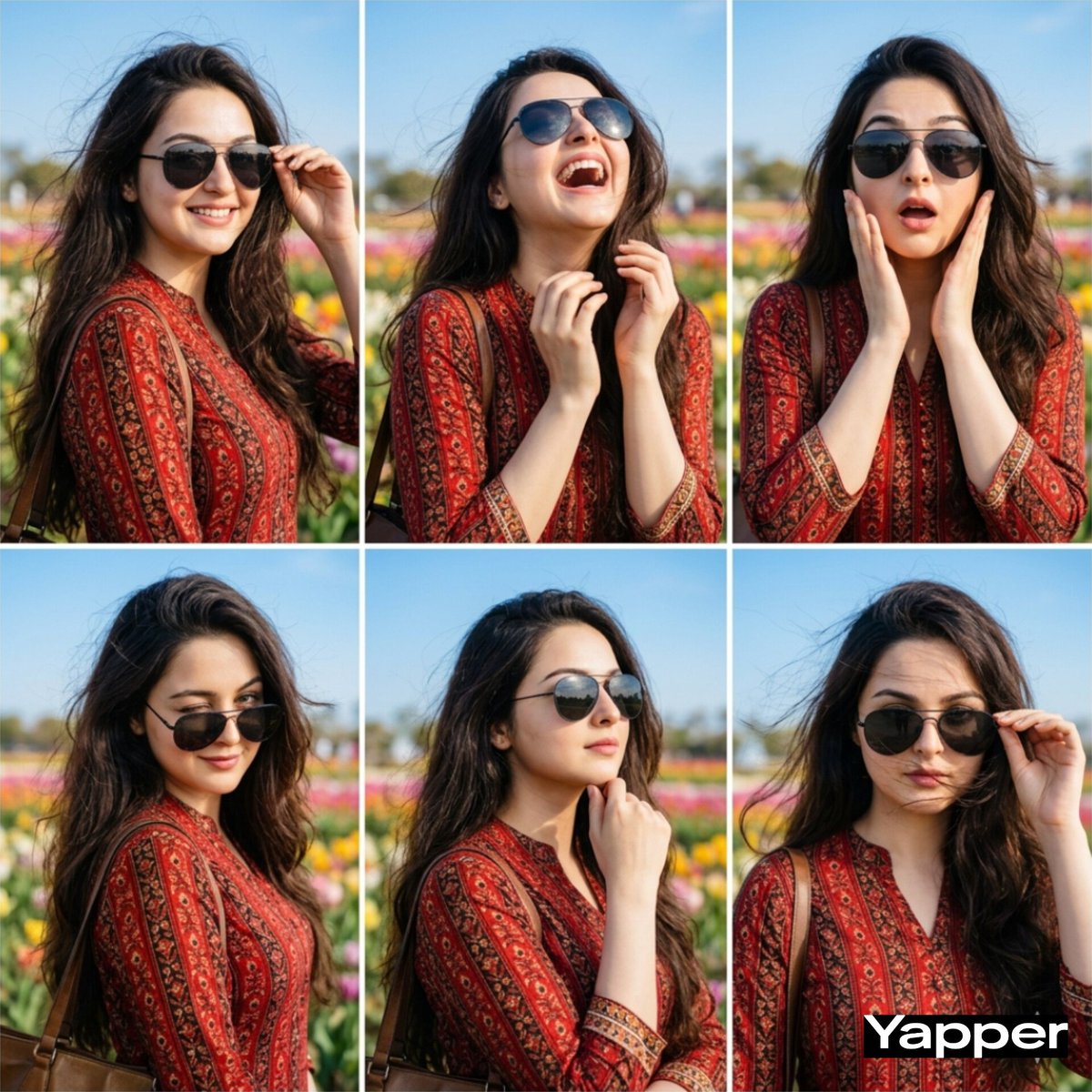 用不同表情看看我 在 @yapper_so 上使用 Nano Banana 提示词 👇 由六张同一女性的方形肖像组成的时尚拼贴（使用上传的照片作为面部参考），以整洁的 2x3 网格排列。每一帧...