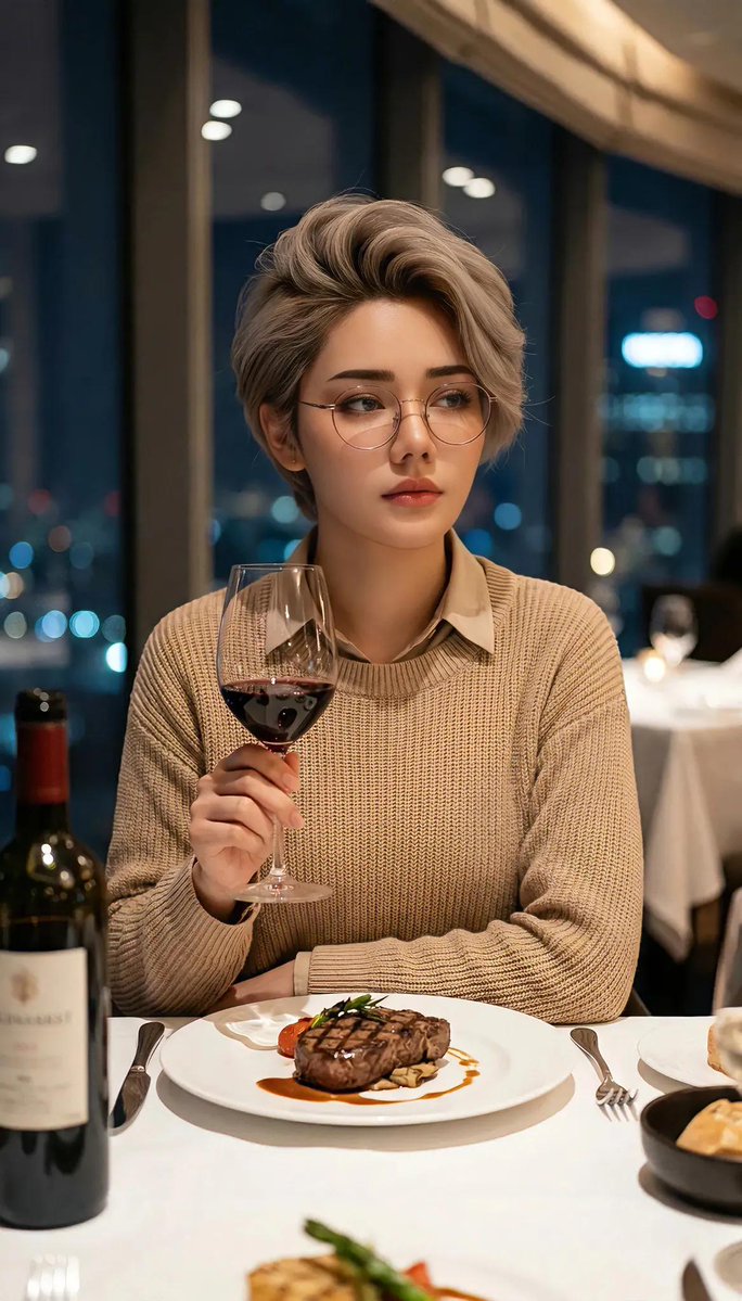 夜晚高档餐厅中一位年轻女性的优雅电影感人像，她留着时尚短发，戴着圆框眼镜，手中握着一杯红酒，身穿米色针织毛衣内搭领口衬衫，柔和温暖的环境光，背景透过大窗户可见带有散景光斑的城市天际线，她面前摆...