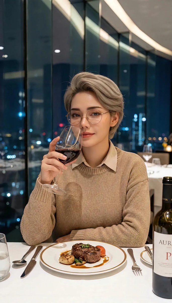 夜晚高档餐厅中一位年轻女性的优雅电影感人像，她留着时尚短发，戴着圆框眼镜，手中握着一杯红酒，身穿米色针织毛衣内搭领口衬衫，柔和温暖的环境光，背景透过大窗户可见带有散景光斑的城市天际线，她面前摆...