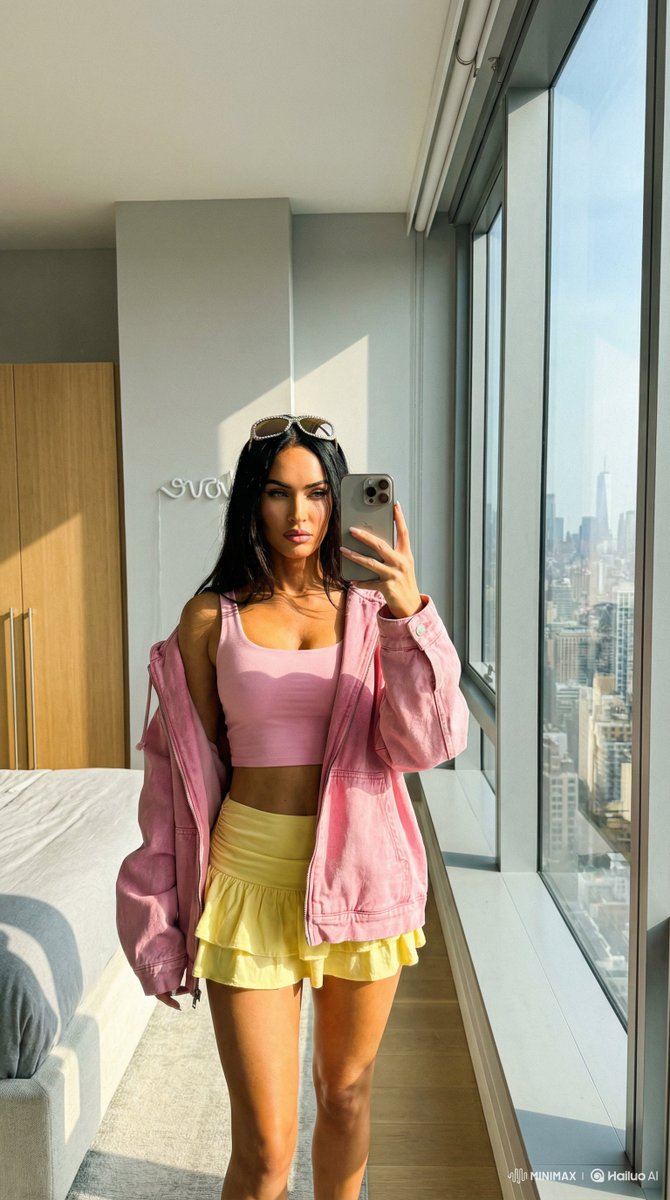 你喜欢哪种自拍 🤳 姿势？ Megan fox vs Sydney sweeney Nano Banana pro via @Hailuo_AI "在落地窗旁边用 iPhone 15 Pro...
