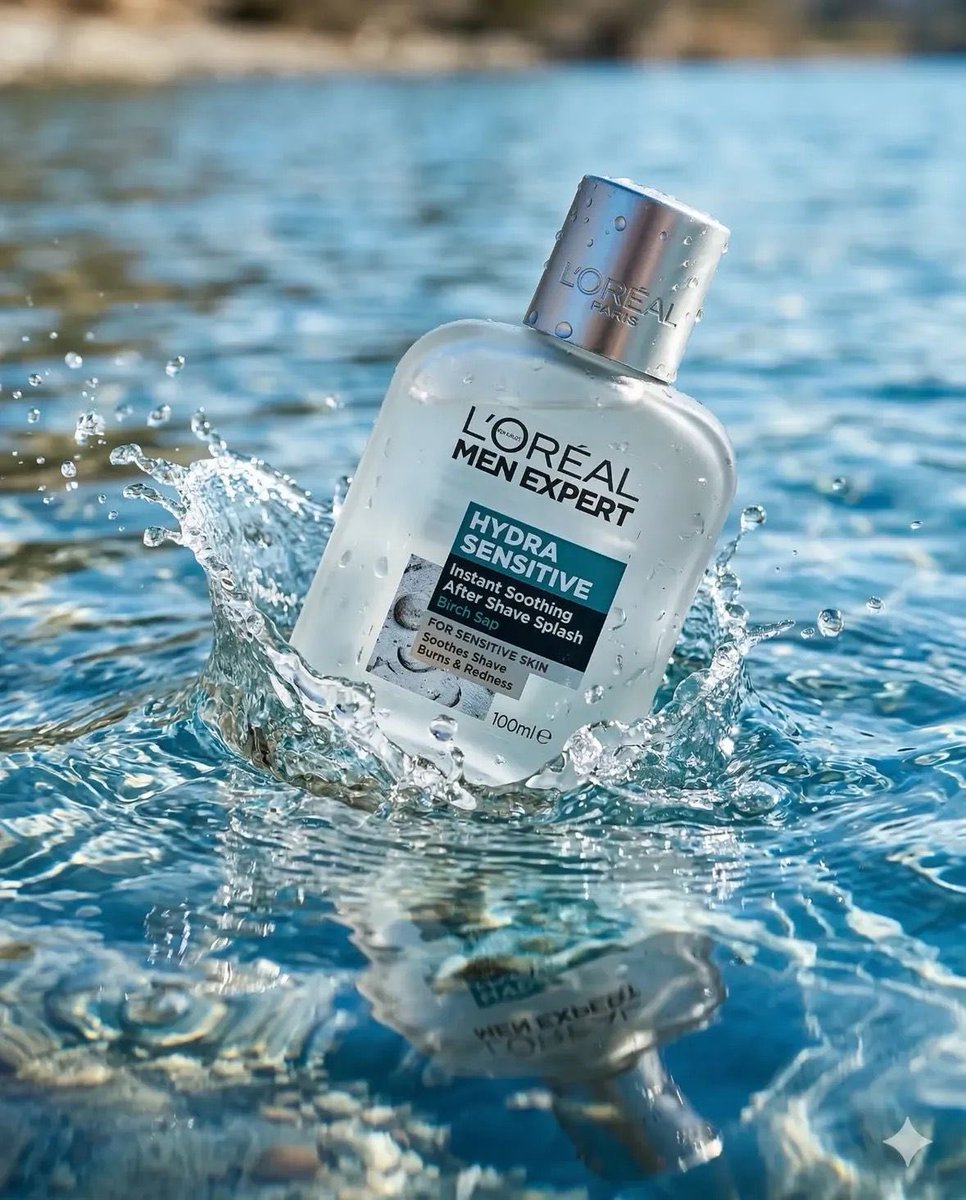 超写实的商业产品摄影：欧莱雅男士专家 Hydra Sensitive 瞬效舒缓须后水（after shave splash）瓶身部分浸没在清澈的蓝色水中，磨砂玻璃瓶……https://t.co...