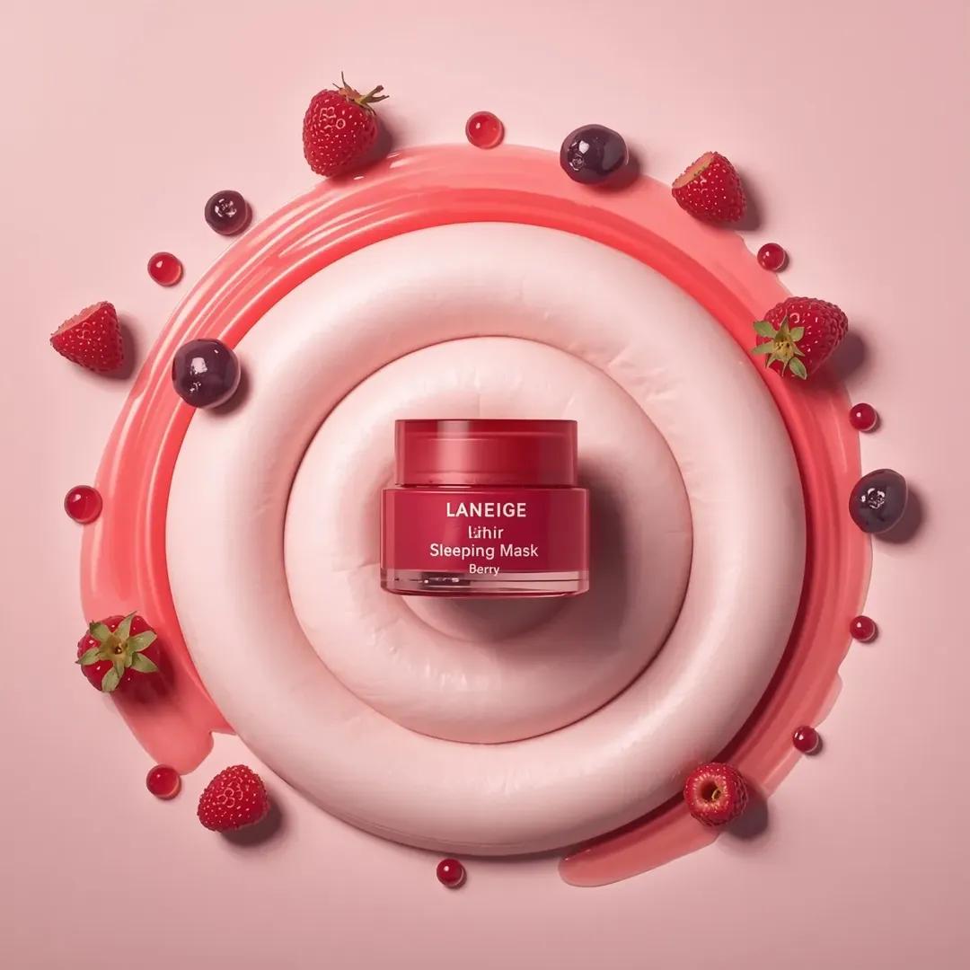 一个粉色化妆品罐居于画面中央,标签为“LANEIGE Lip Sleeping Mask [Berry] 3 g”,放置在一大团旋涡状白色奶油之上。该罐子采用哑光半透明的粉色容器,配有极简风格...