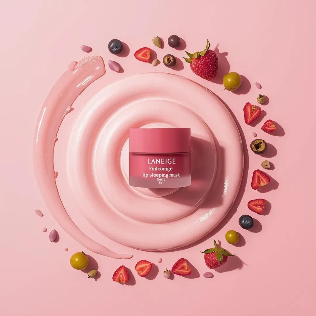 一个粉色化妆品罐居于画面中央,标签为“LANEIGE Lip Sleeping Mask [Berry] 3 g”,放置在一大团旋涡状白色奶油之上。该罐子采用哑光半透明的粉色容器,配有极简风格...