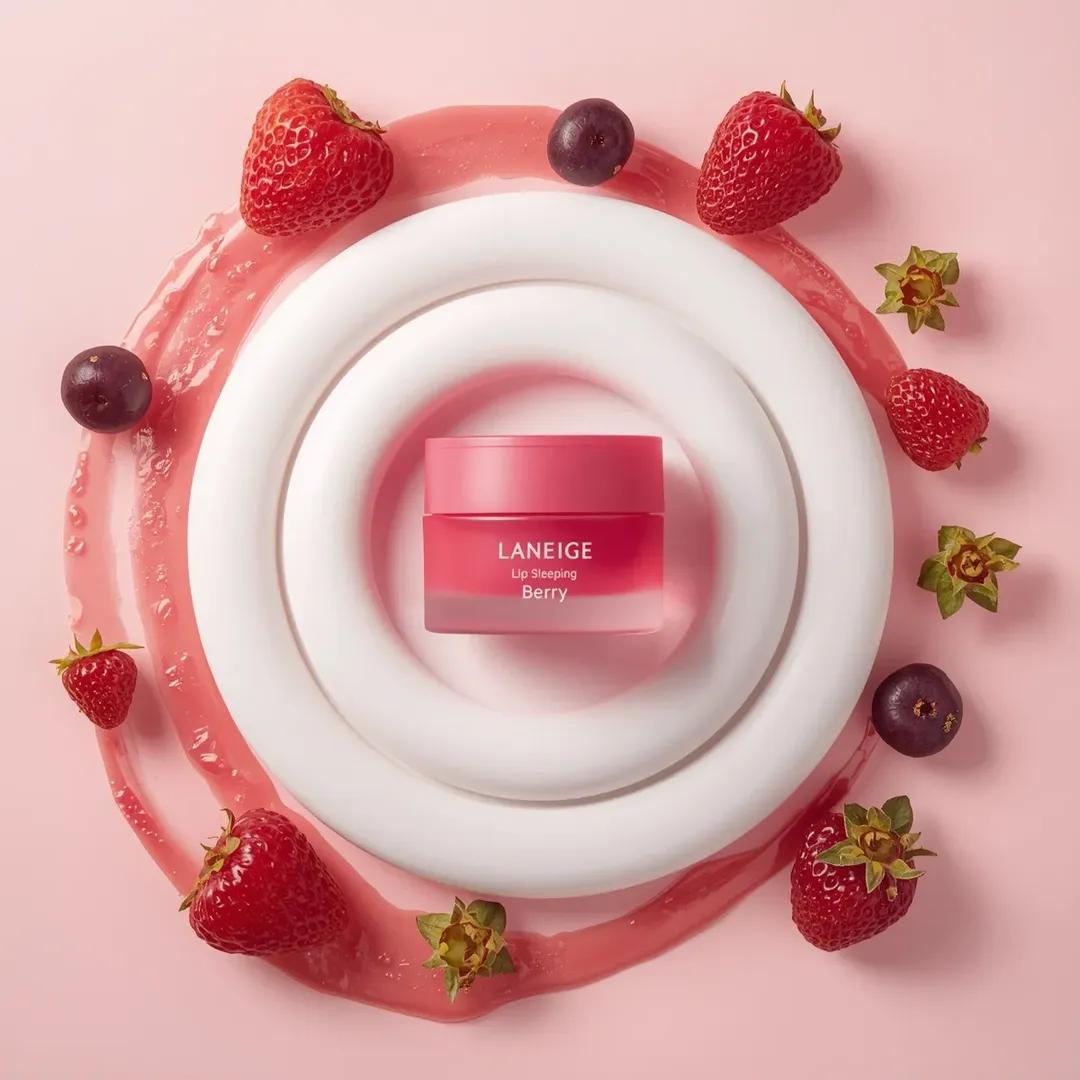 一个粉色化妆品罐居于画面中央,标签为“LANEIGE Lip Sleeping Mask [Berry] 3 g”,放置在一大团旋涡状白色奶油之上。该罐子采用哑光半透明的粉色容器,配有极简风格...