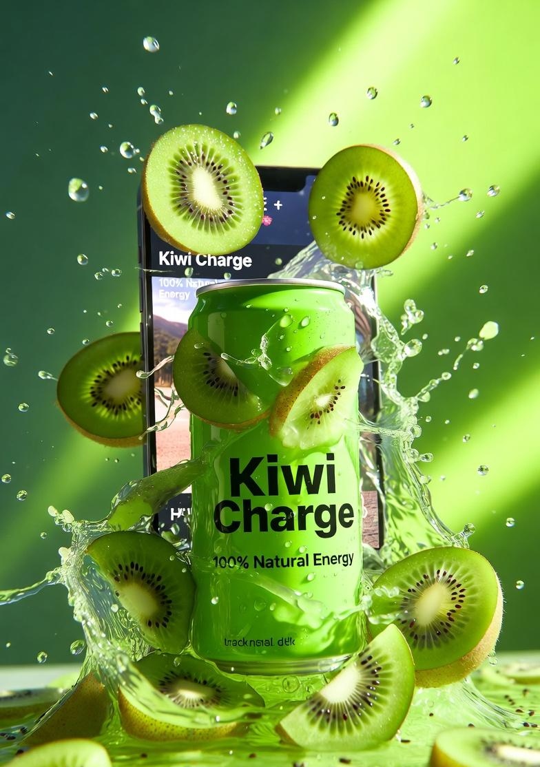 高端产品广告拍摄：标注有“Kiwi Charge”字样的鲜绿色能量饮料罐，周围环绕着新鲜切片奇异果，伴有向外迸发的动态果汁飞溅和漂浮的水滴，光泽铝罐覆盖着冷凝水，戏剧性绿色影棚布光，背景有明亮...