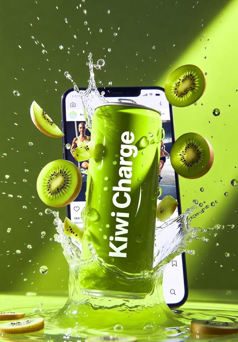 高端产品广告拍摄：标注有“Kiwi Charge”字样的鲜绿色能量饮料罐，周围环绕着新鲜切片奇异果，伴有向外迸发的动态果汁飞溅和漂浮的水滴，光泽铝罐覆盖着冷凝水，戏剧性绿色影棚布光，背景有明亮...