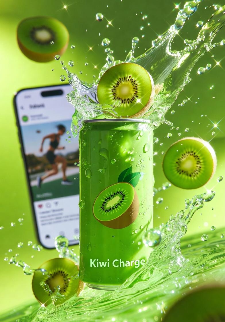 高端产品广告拍摄：标注有“Kiwi Charge”字样的鲜绿色能量饮料罐，周围环绕着新鲜切片奇异果，伴有向外迸发的动态果汁飞溅和漂浮的水滴，光泽铝罐覆盖着冷凝水，戏剧性绿色影棚布光，背景有明亮...