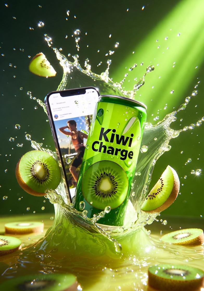 高端产品广告拍摄：标注有“Kiwi Charge”字样的鲜绿色能量饮料罐，周围环绕着新鲜切片奇异果，伴有向外迸发的动态果汁飞溅和漂浮的水滴，光泽铝罐覆盖着冷凝水，戏剧性绿色影棚布光，背景有明亮...