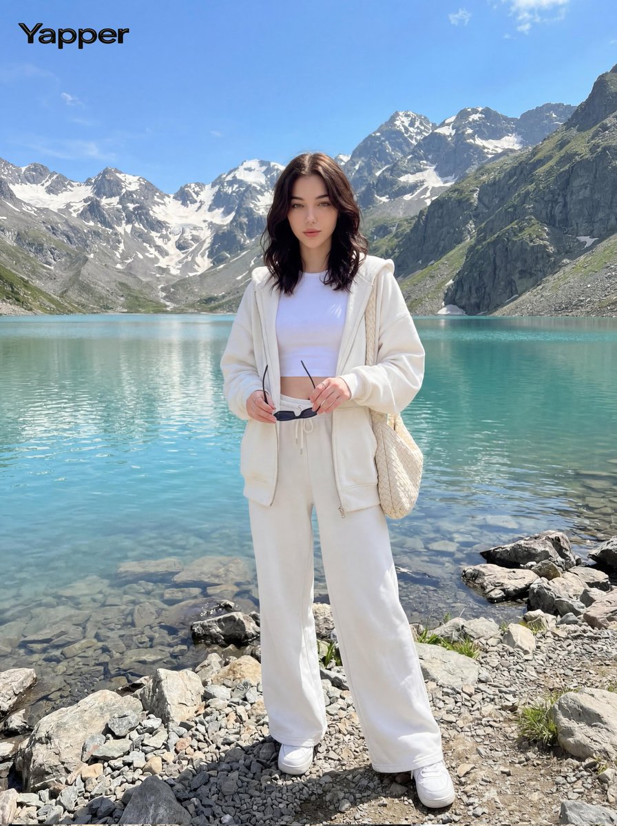 时尚的年轻女子站在岩石湖岸上，身后是壮丽的高山山脉, 随意站立，一条腿略微向前迈，一只手调整太阳镜，另一只手握住手提包肩带, 平静自信的表情, 望向镜头, 自然阳光, 正面日光, 明亮清晰的照...
