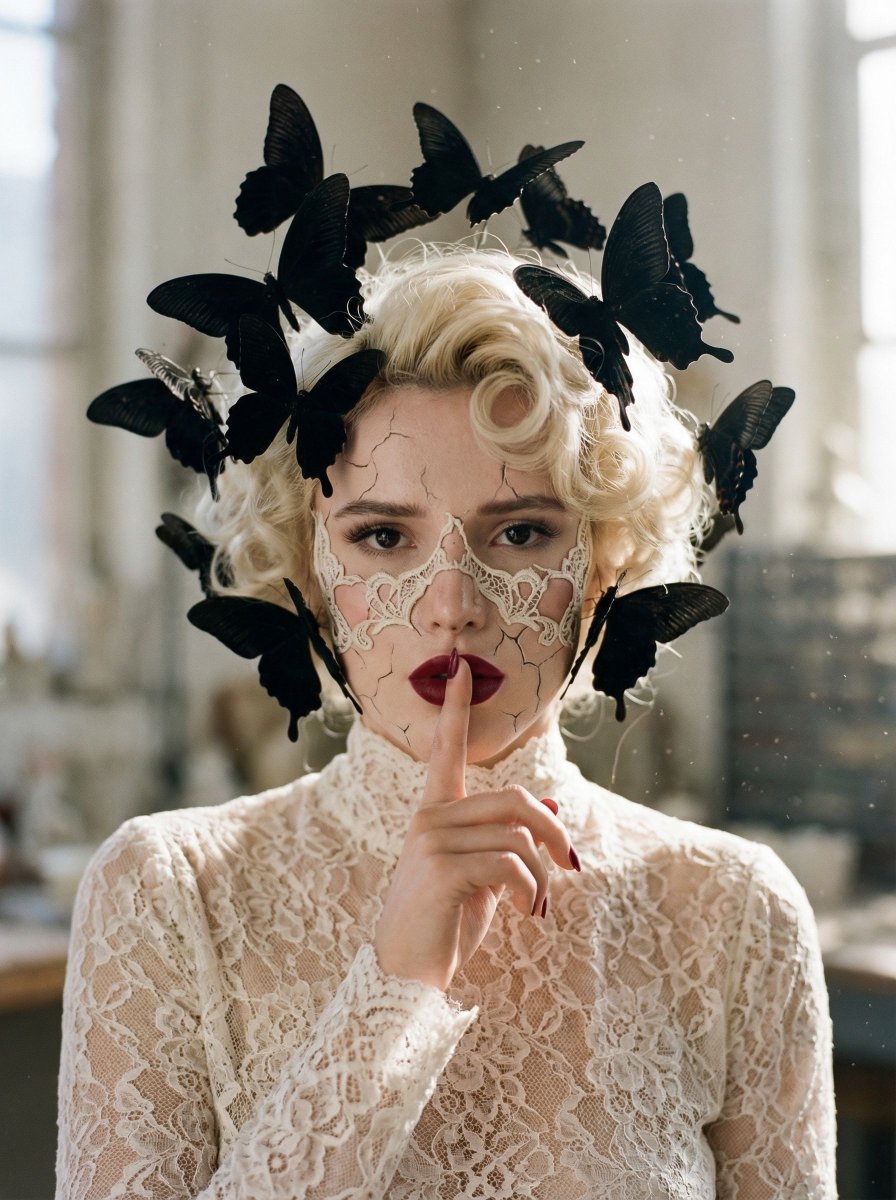 女性, The Protagonist, Ageless, Ethereal(无年龄感、空灵), Partially obscured by organic lace texture, vis...