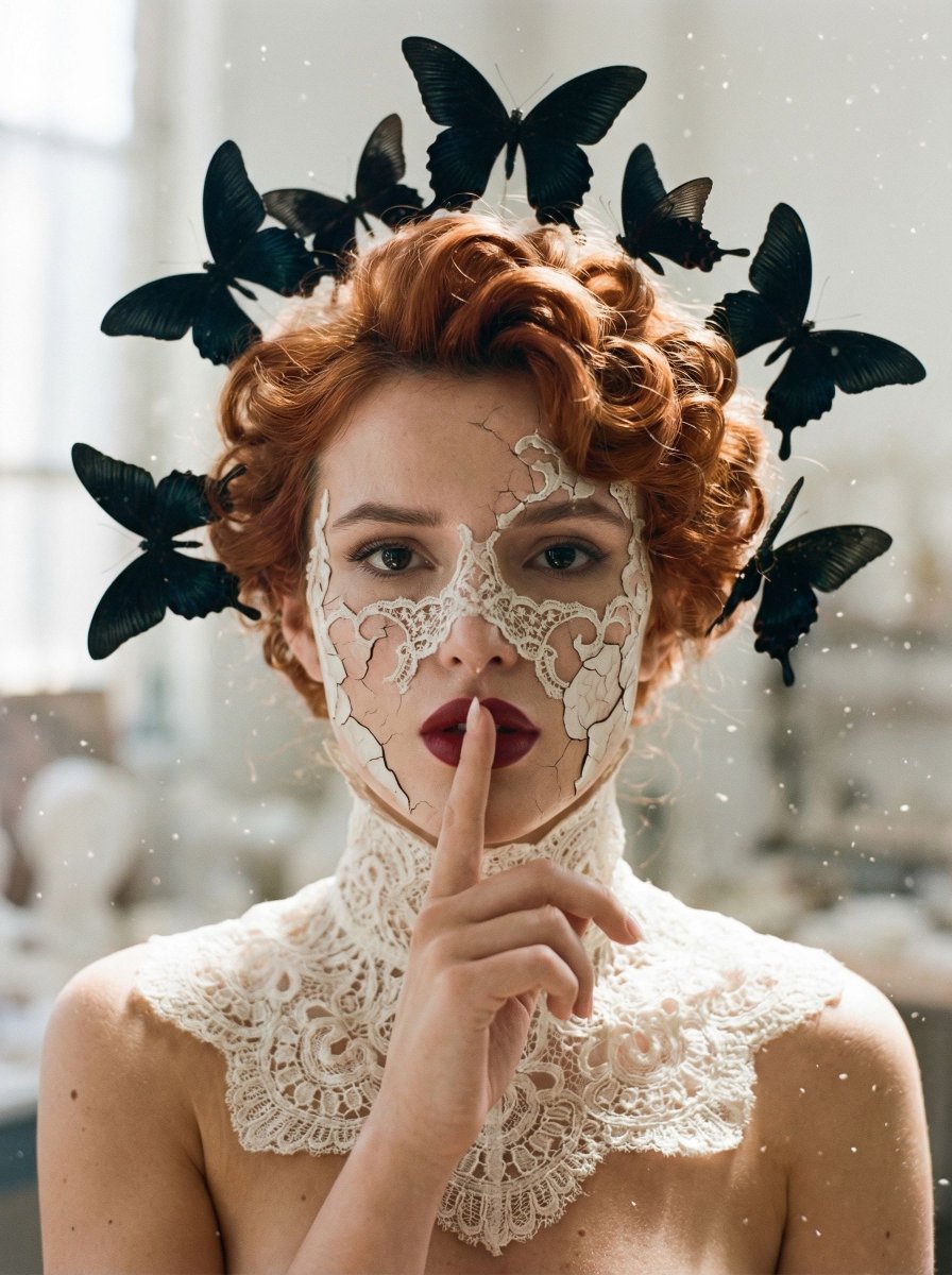 女性, The Protagonist, Ageless, Ethereal(无年龄感、空灵), Partially obscured by organic lace texture, vis...