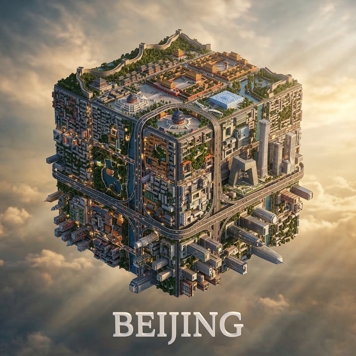 创建一个超精细的方形 3D 插图，描绘城市 [Beijing]（北京）环绕着一个悬浮在天空中的立方体的所有面。整个立方体被城市环境覆盖：现代摩天大楼、标志性建筑、街道、桥梁、公园、水景、高速公...