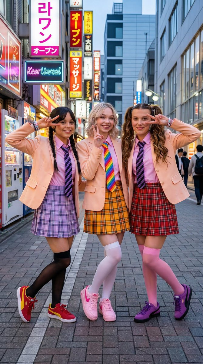 { "scene_description": "三位穿着统一制服的年轻女学生在傍晚繁忙的东京街头俏皮摆姿势的近景。", "subjects": [ { "description": "最左边的...