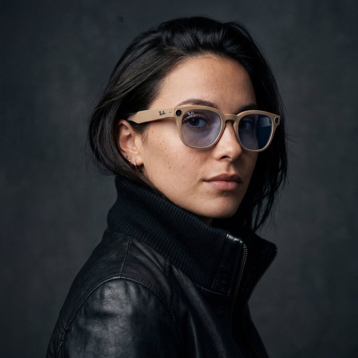 电影感工作室人像：一位自信的年轻女性佩戴时尚米黄色镜框智能眼镜，镜片带有淡淡的蓝色调，外框角处可见集成摄像头镜，镜腿上有雷朋（Rayban）标志，身穿黑色高领皮夹克。她身体微侧，目光锐利地看向...