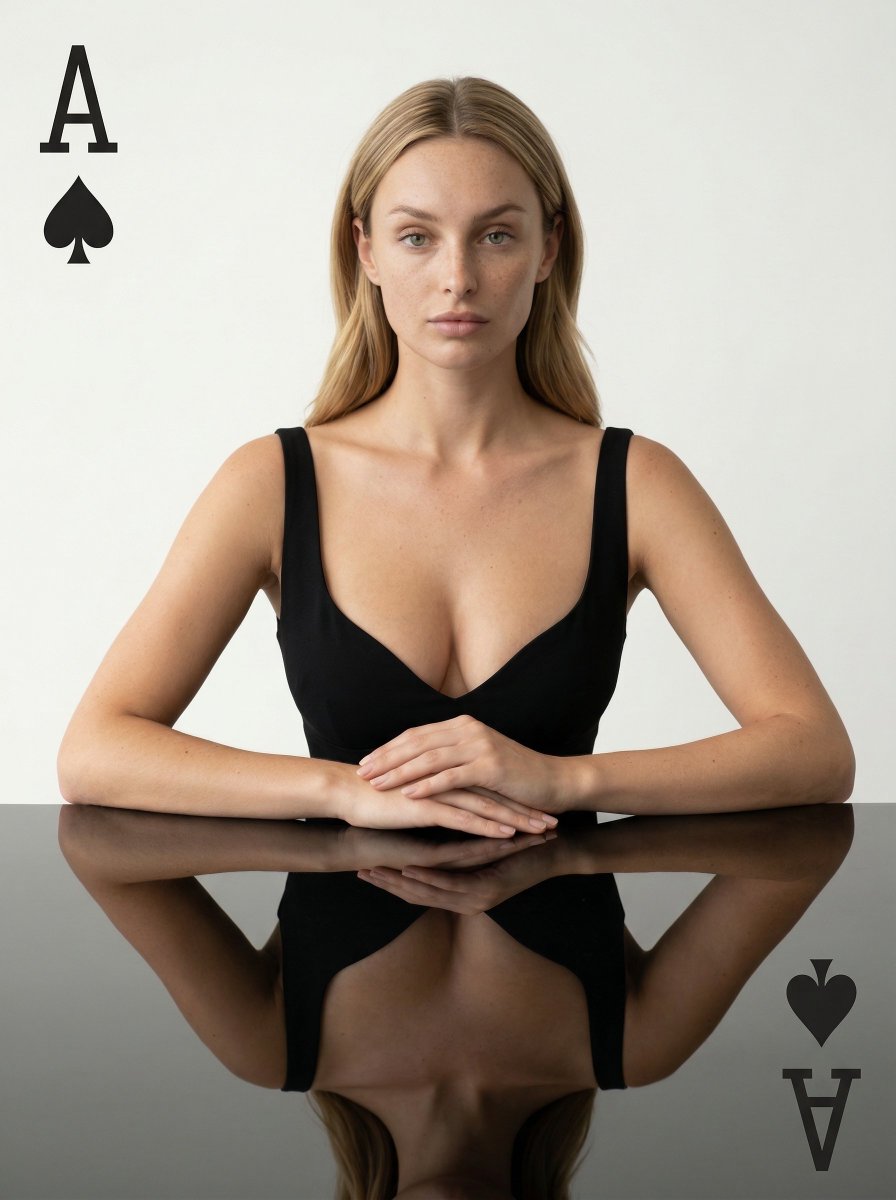 创作一幅扑克牌构图风格的极简时尚社论图片，参考图中的女性A坐在带有镜像倒倒影的反光桌前, 对称扑克牌风格构图, 3:4, 正对中心构图, 高反光光泽桌面，可形成主体完美的镜像倒影, 大Ace图...