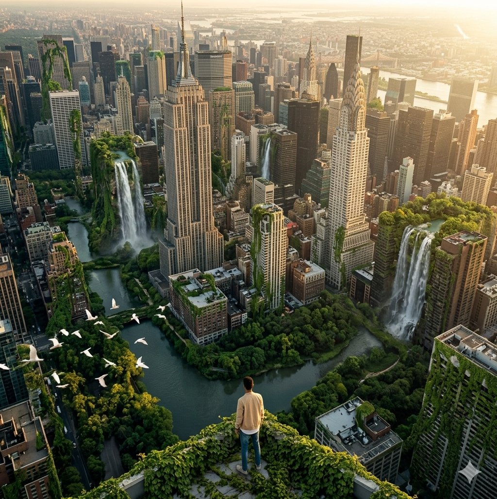 一个史诗级的宽幅航拍无人机镜头，飞越一座空无一人的纽约市，摩天大楼完全被郁郁葱葱的丛林藤蔓和瀑布覆盖。一群白色飞鸟从镜头前飞过。黄金时刻光线，8...