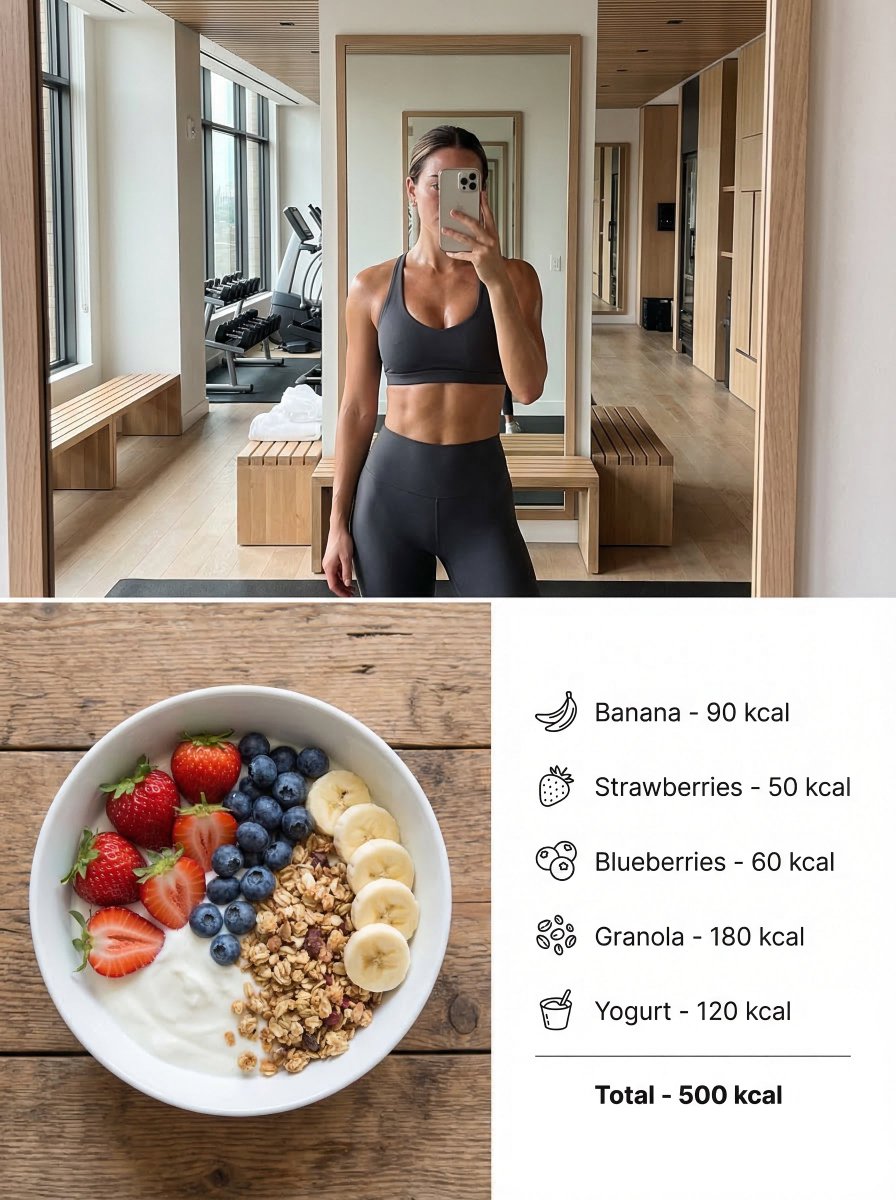 Create a modern lifestyle split composition poster combining a luxurious smartphone gym selfie w...