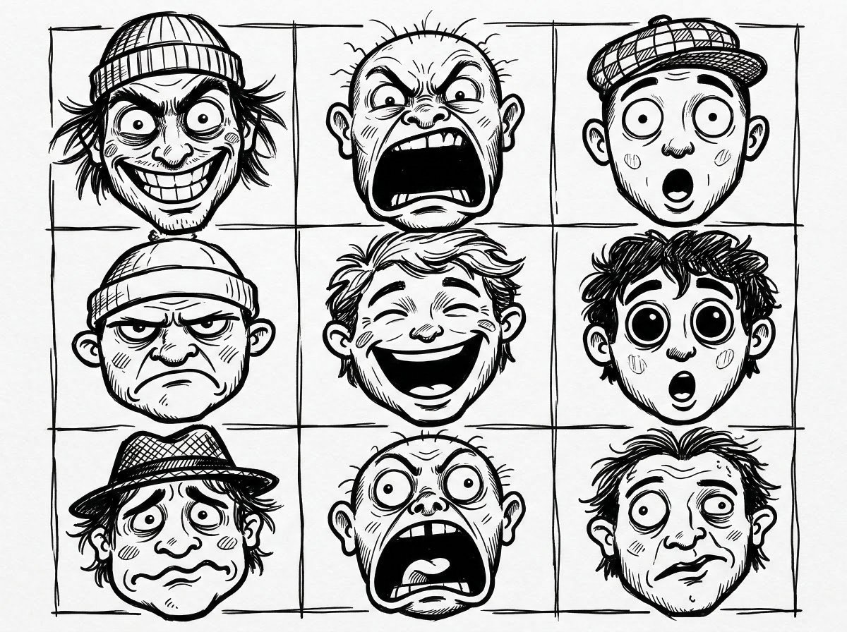 一幅黑白插画展现了一个由九个卡通面孔组成的网格，每个面孔都有独特而夸张的表情。这些面孔以简单、随性的素描风格绘制，配以粗黑的轮廓线，嘴巴和眼睛则为实心黑色填充。其中一些面孔戴着带有各种图案的帽...
