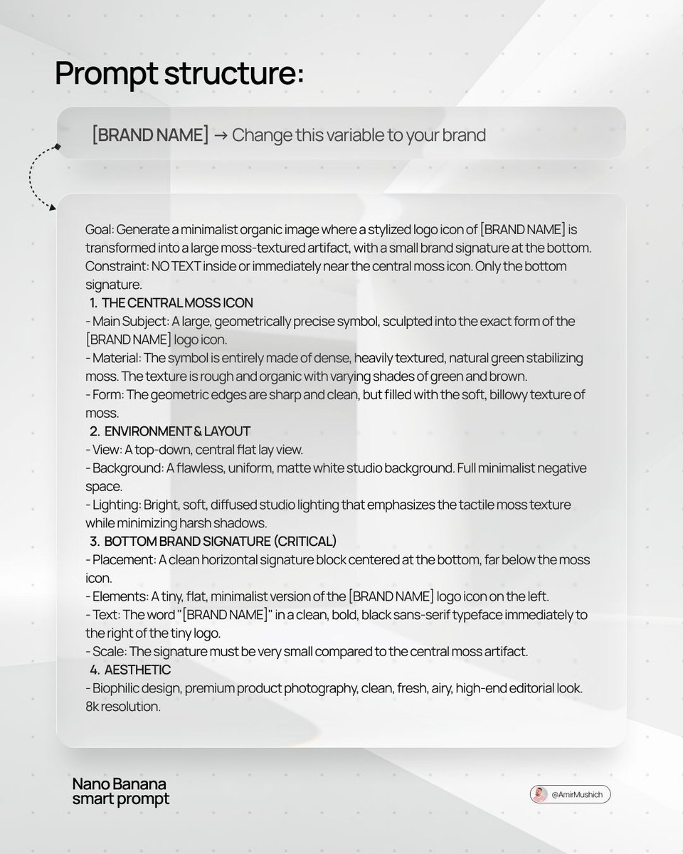 （在此访问 Nano Banana 2：https://t.co/ZGSugSciR3） [BRAND NAME]：在此输入品牌名称。 目标：生成一张极简的有机风格图像，将 [BRAND NA...