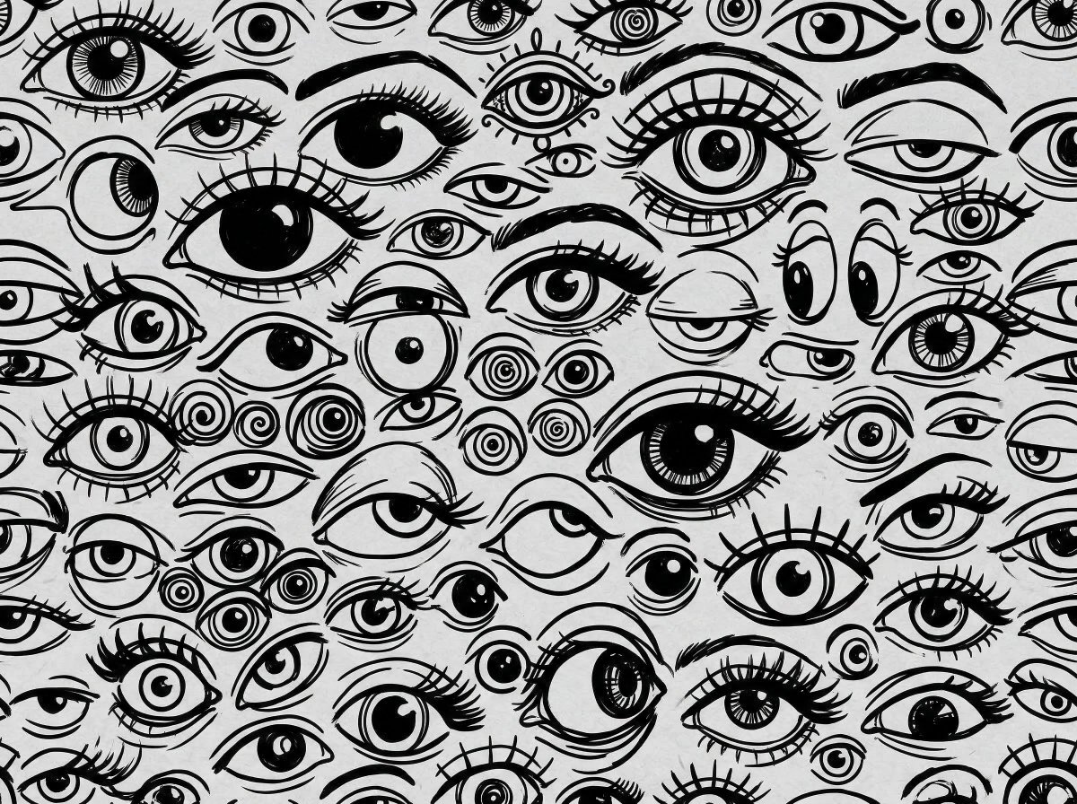 在一块浅灰色背景上，展示着一幅由各种眼睛组成的黑白手绘图案。画面中的眼睛尺寸和风格各异——有的睁得很大，有的半闭着，还有一些带有睫毛。线条粗犷且具有图形感，营造出俏皮而略带超现实的美学风格。构...