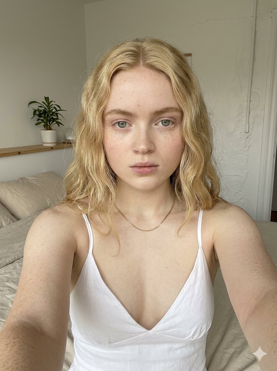 一位年轻女性，与金发时期的 Sadie Sink 极为相似。她肤色苍白，带有淡淡的自然雀斑，拥有引人注目的灰绿色眼睛，留着中分的中长波浪卷浅金发。她左鼻孔戴着一只小巧的银色环形鼻环，颈间佩戴着...