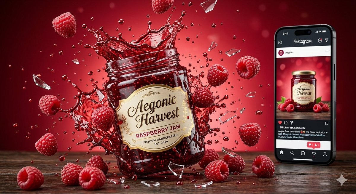 Jam jar, Raspberry, Aegonic Harvest, Bursting from a vibrant raspberry splash, Whole raspberries...