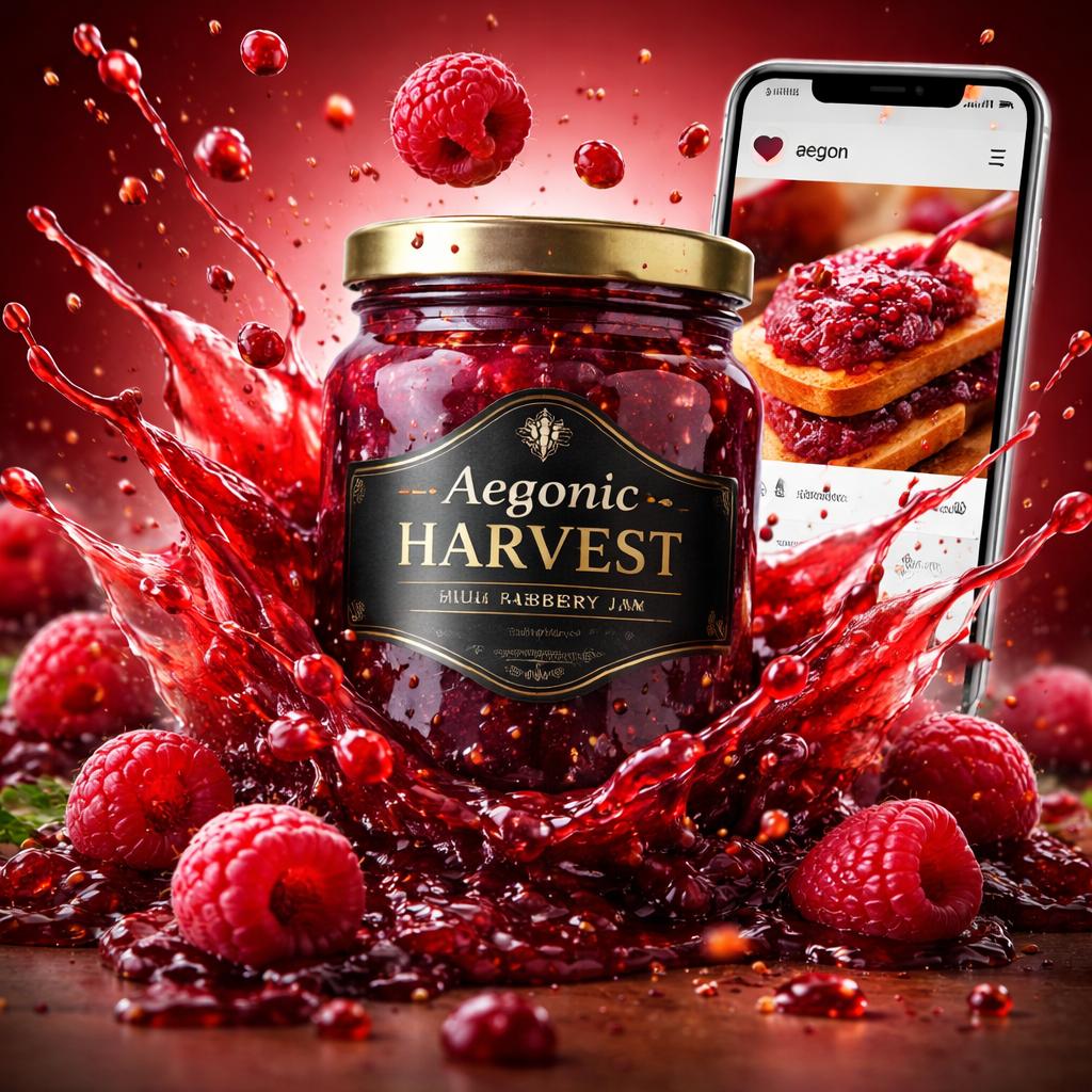 Jam jar, Raspberry, Aegonic Harvest, Bursting from a vibrant raspberry splash, Whole raspberries...
