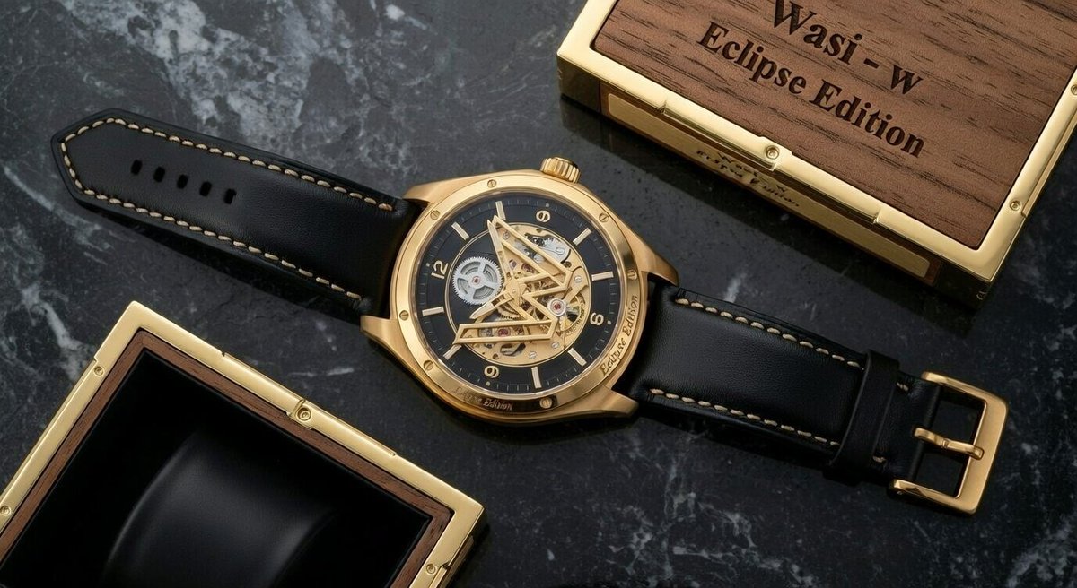 一张昂贵奢华腕表的微距摄影照片，型号为"WASI – W Eclipse Edition"。腕表采用醒目的双色表壳，由拉丝钛金属和抛光玫瑰金打造，线条棱角分明且复杂。表冠同样为玫瑰金材质，上面...