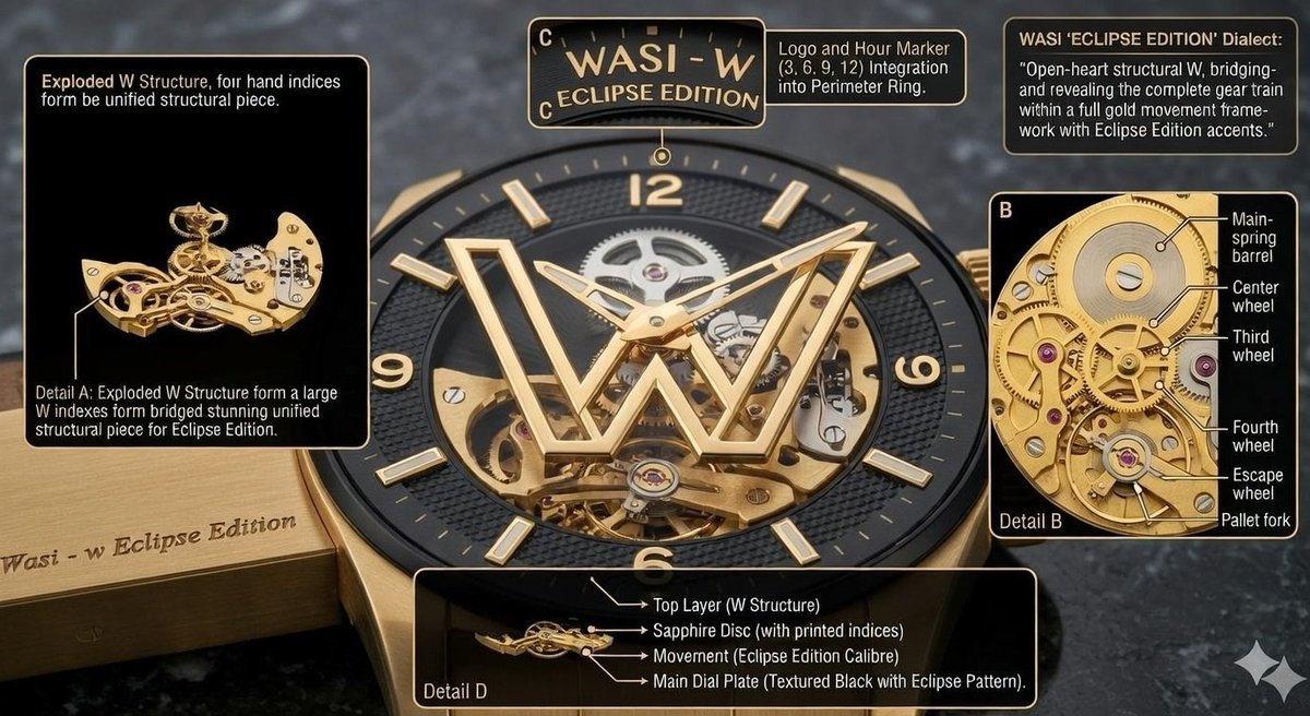 一张昂贵奢华腕表的微距摄影照片，型号为"WASI – W Eclipse Edition"。腕表采用醒目的双色表壳，由拉丝钛金属和抛光玫瑰金打造，线条棱角分明且复杂。表冠同样为玫瑰金材质，上面...