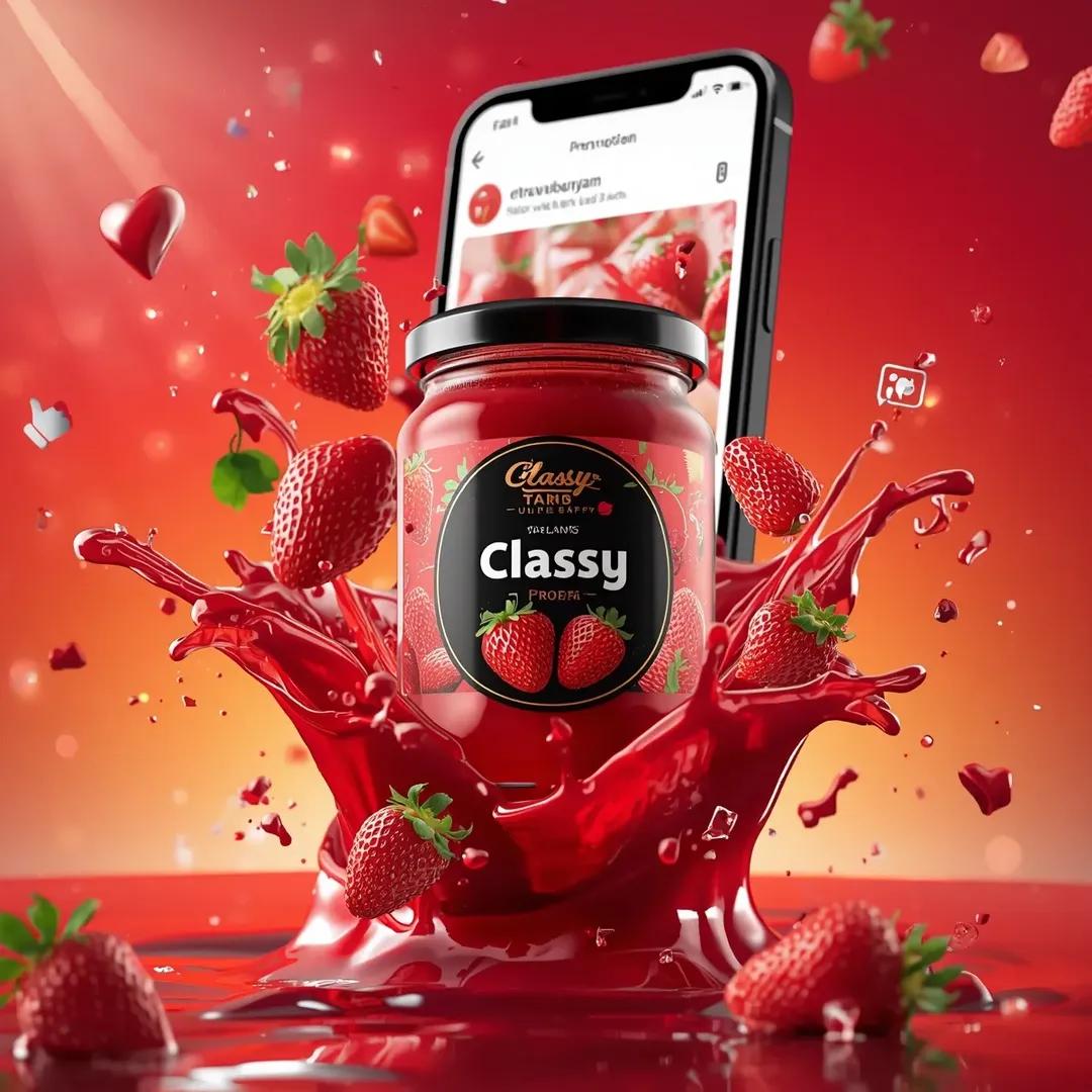超写实的商业食品产品广告场景，画面中一个贴有"Classy Strawberry Jam"标签的玻璃罐在半空中动态悬浮。罐内装满光泽鲜亮的红色草莓果酱，配有黑色盖子，盖子上的优质黑色标签清晰展...