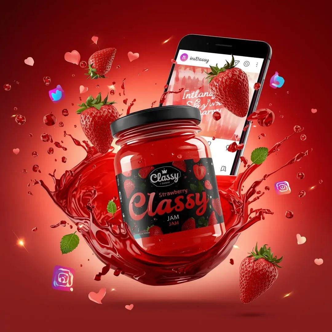 超写实的商业食品产品广告场景，画面中一个贴有"Classy Strawberry Jam"标签的玻璃罐在半空中动态悬浮。罐内装满光泽鲜亮的红色草莓果酱，配有黑色盖子，盖子上的优质黑色标签清晰展...