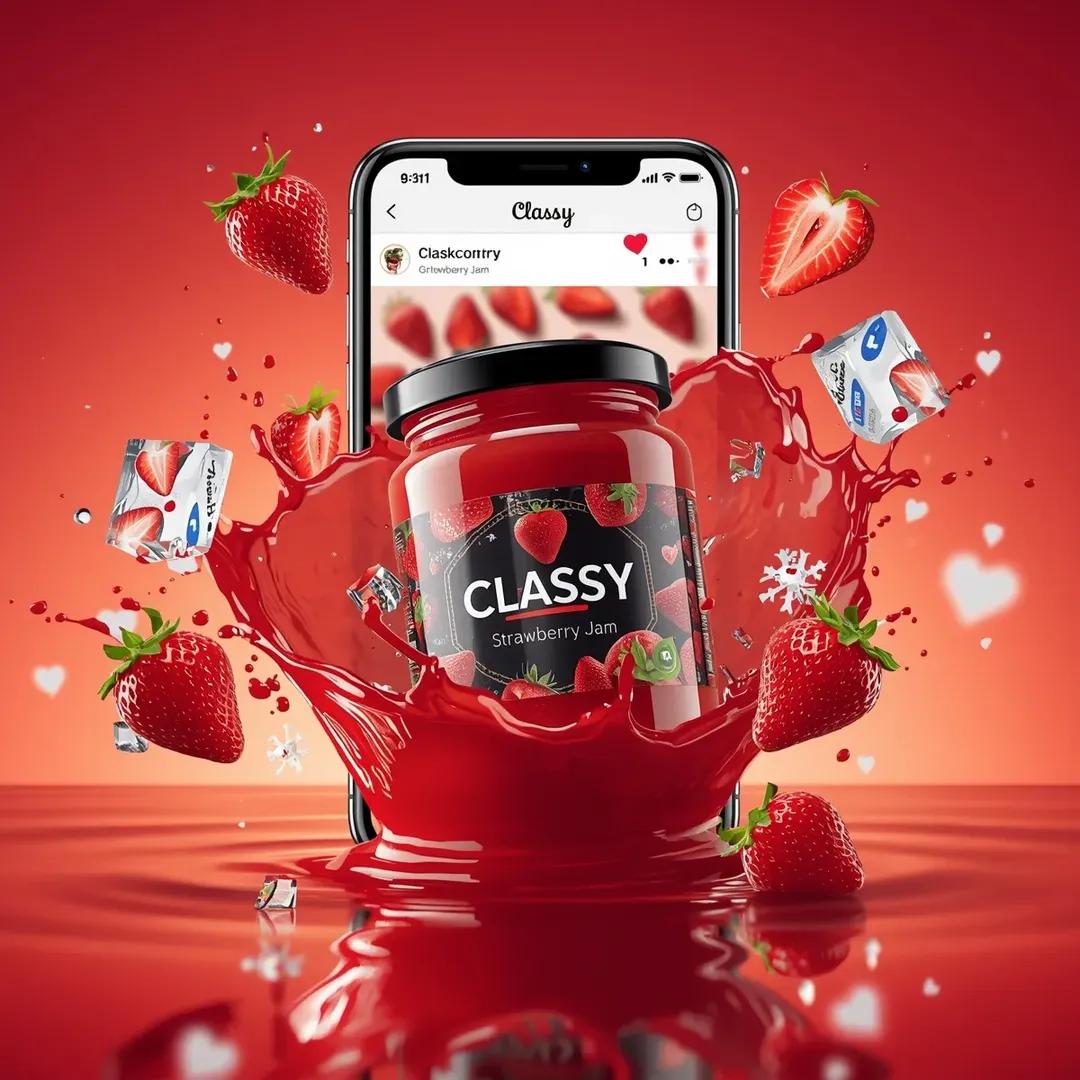 超写实的商业食品产品广告场景，画面中一个贴有"Classy Strawberry Jam"标签的玻璃罐在半空中动态悬浮。罐内装满光泽鲜亮的红色草莓果酱，配有黑色盖子，盖子上的优质黑色标签清晰展...