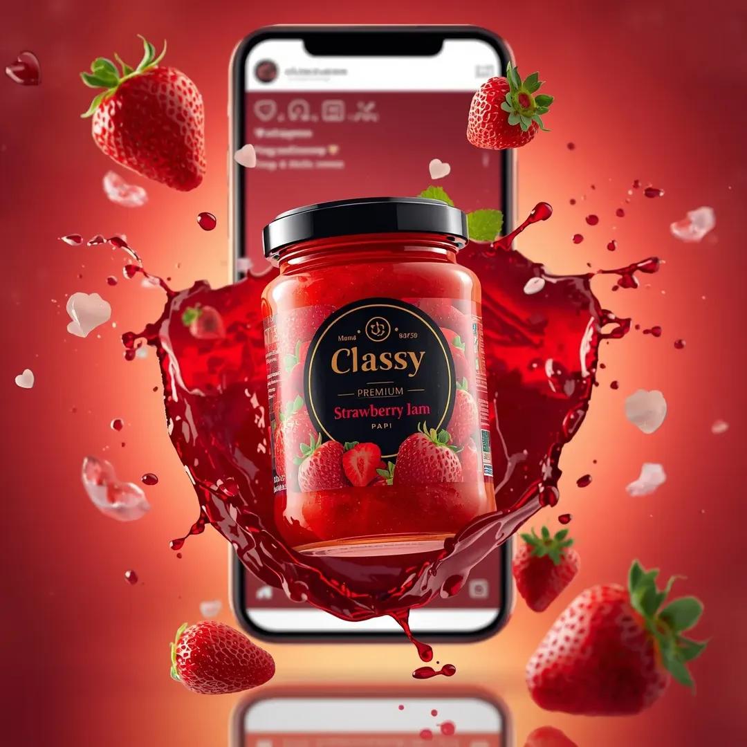 超写实的商业食品产品广告场景，画面中一个贴有"Classy Strawberry Jam"标签的玻璃罐在半空中动态悬浮。罐内装满光泽鲜亮的红色草莓果酱，配有黑色盖子，盖子上的优质黑色标签清晰展...
