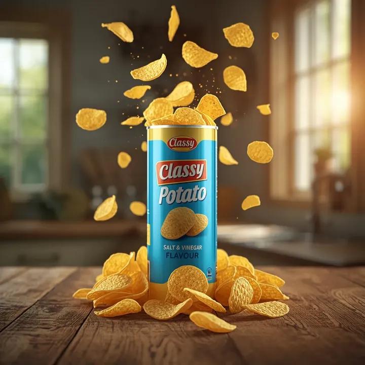 超写实的商业零食产品摄影：一个高高的圆柱形薯片罐，标签为“Classy Potato – Salt & Vinegar Flavour”（典雅薯仔——盐醋口味），直立放置在质朴的木质厨...